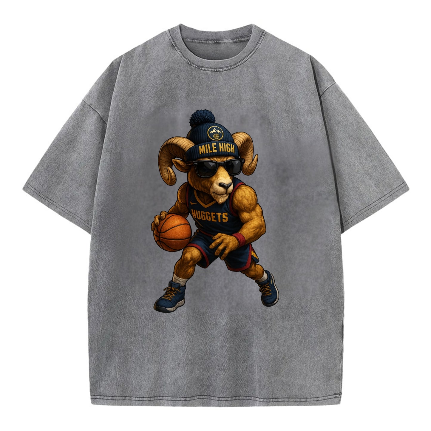 Mile High Bighorn wearing Nuggets beanie with mountain patch and wayfarer - Vintage T-shirt - Grey