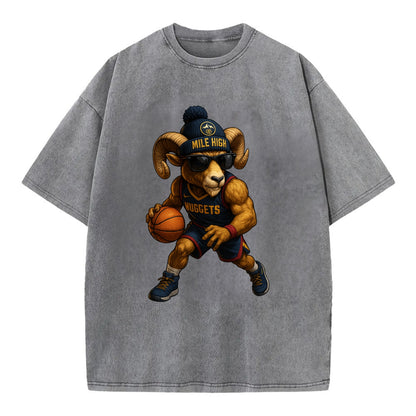 Mile High Bighorn wearing Nuggets beanie with mountain patch and wayfarer - Vintage T-shirt - Grey