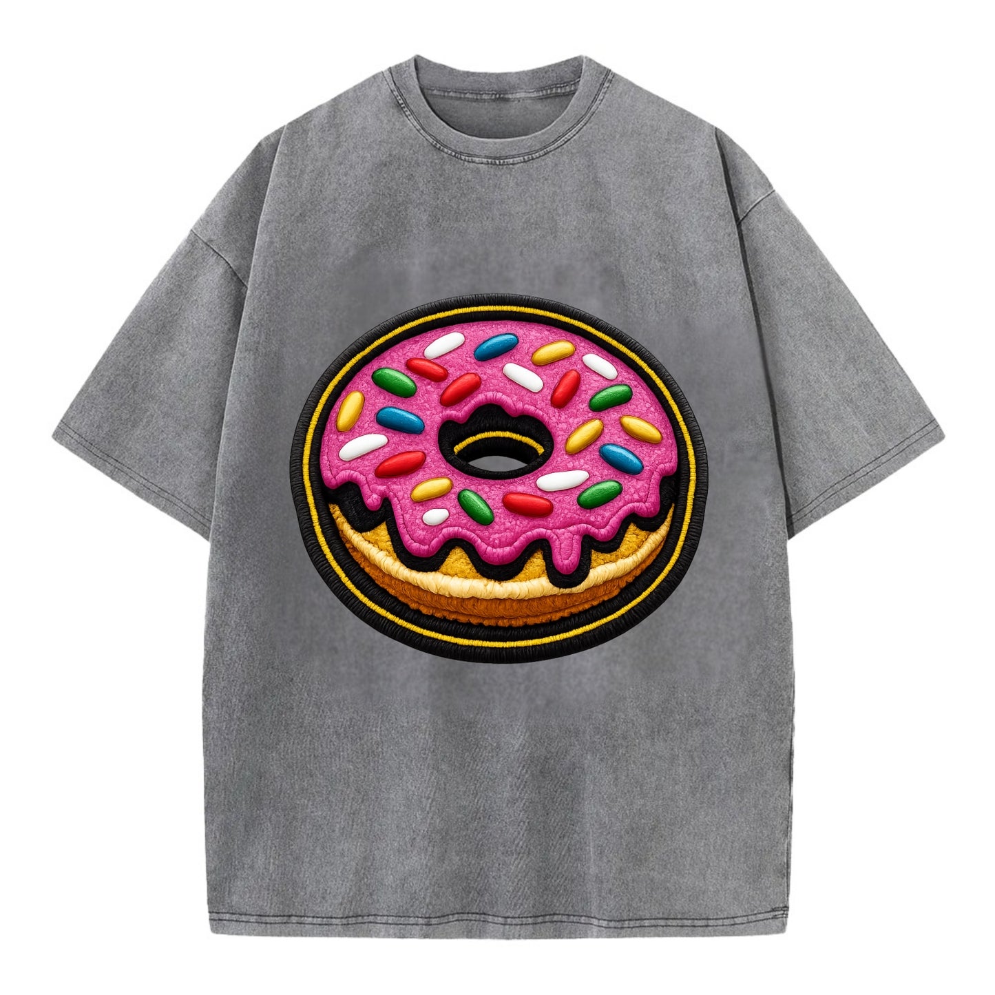 DONUT SPRINKLES - glazed donut with sprinkles in pink and rainbow , sweet treat - Vintage T-shirt - Grey