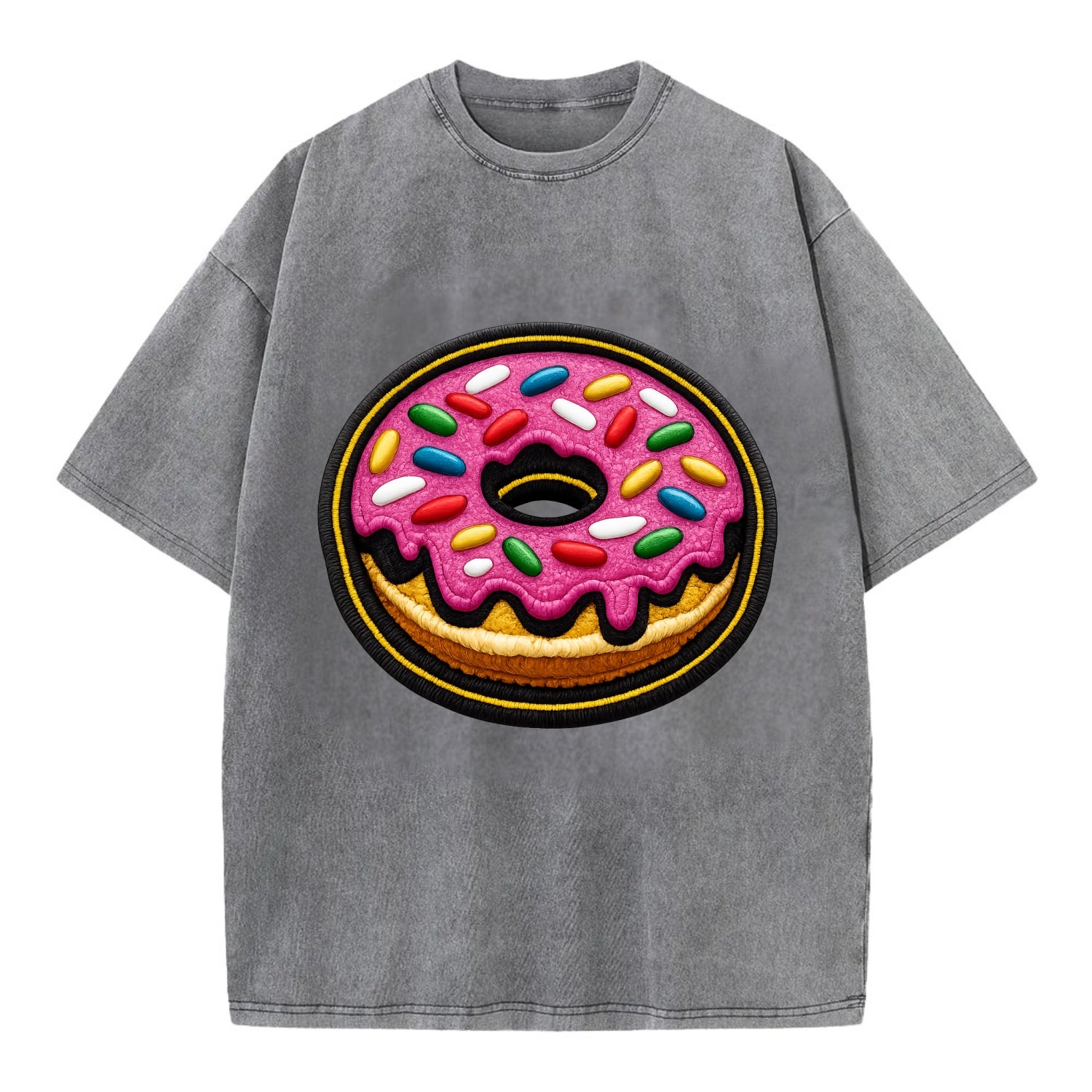 DONUT SPRINKLES - glazed donut with sprinkles in pink and rainbow , sweet treat - Vintage T-shirt - Grey