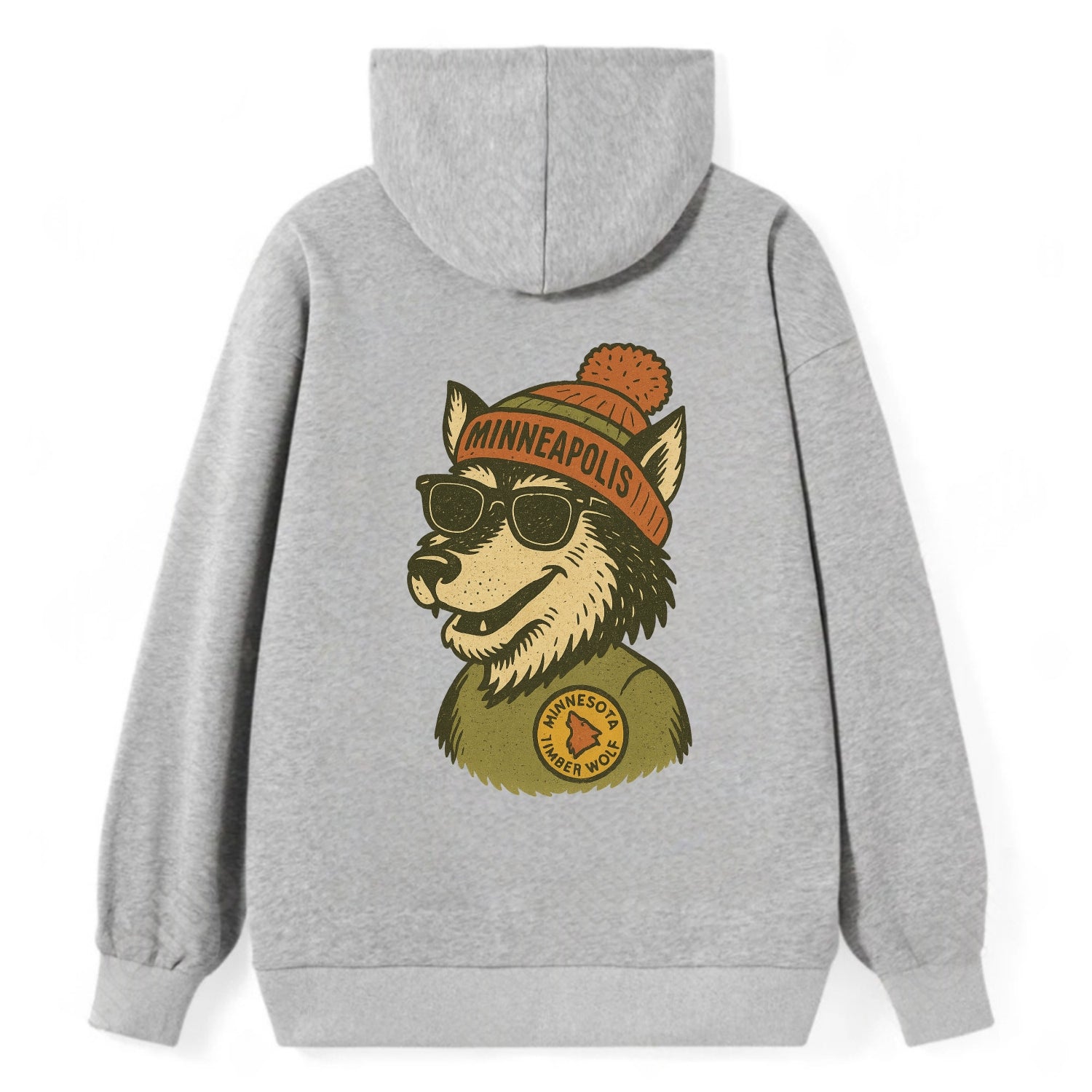 Minnesota Timber Wolf wearing Minneapolis beanie with pom pom and - Classic Pullover Hoodie - Grey
