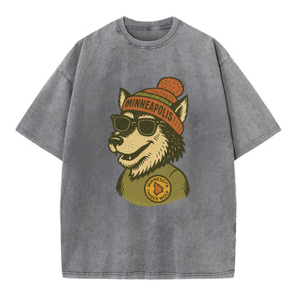 Minnesota Timber Wolf wearing Minneapolis beanie with pom pom and wayfarer - Vintage T-shirt - Grey