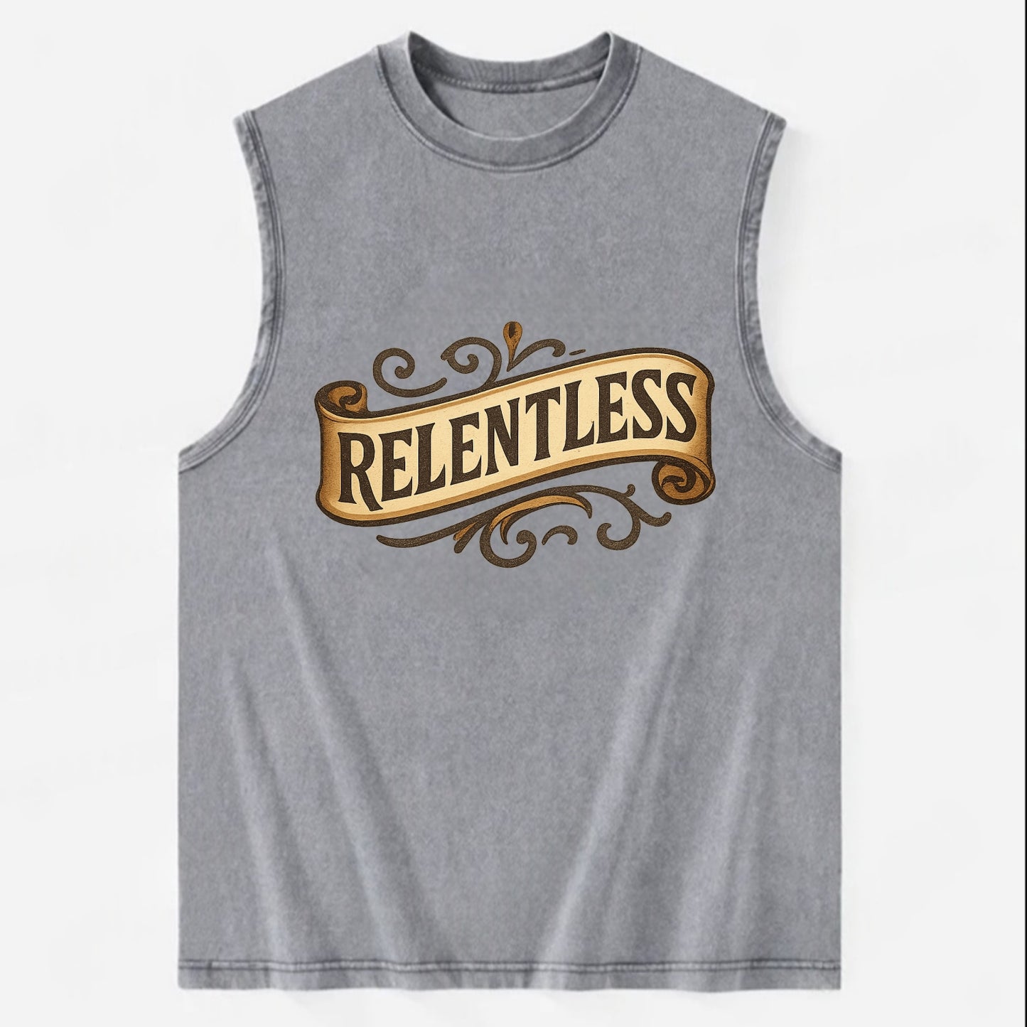 Bold typography design - "RELENTLESS" - never giving up, persistent pursuit - Vintage Washed Tank - Grey