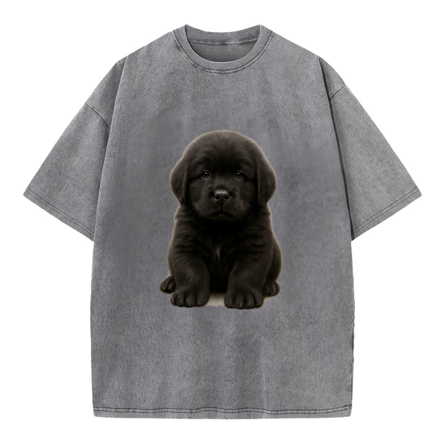 Baby Newfoundland Puppy - giant fluffy black, gentle eyes, webbed paws, - Vintage T-shirt - Grey