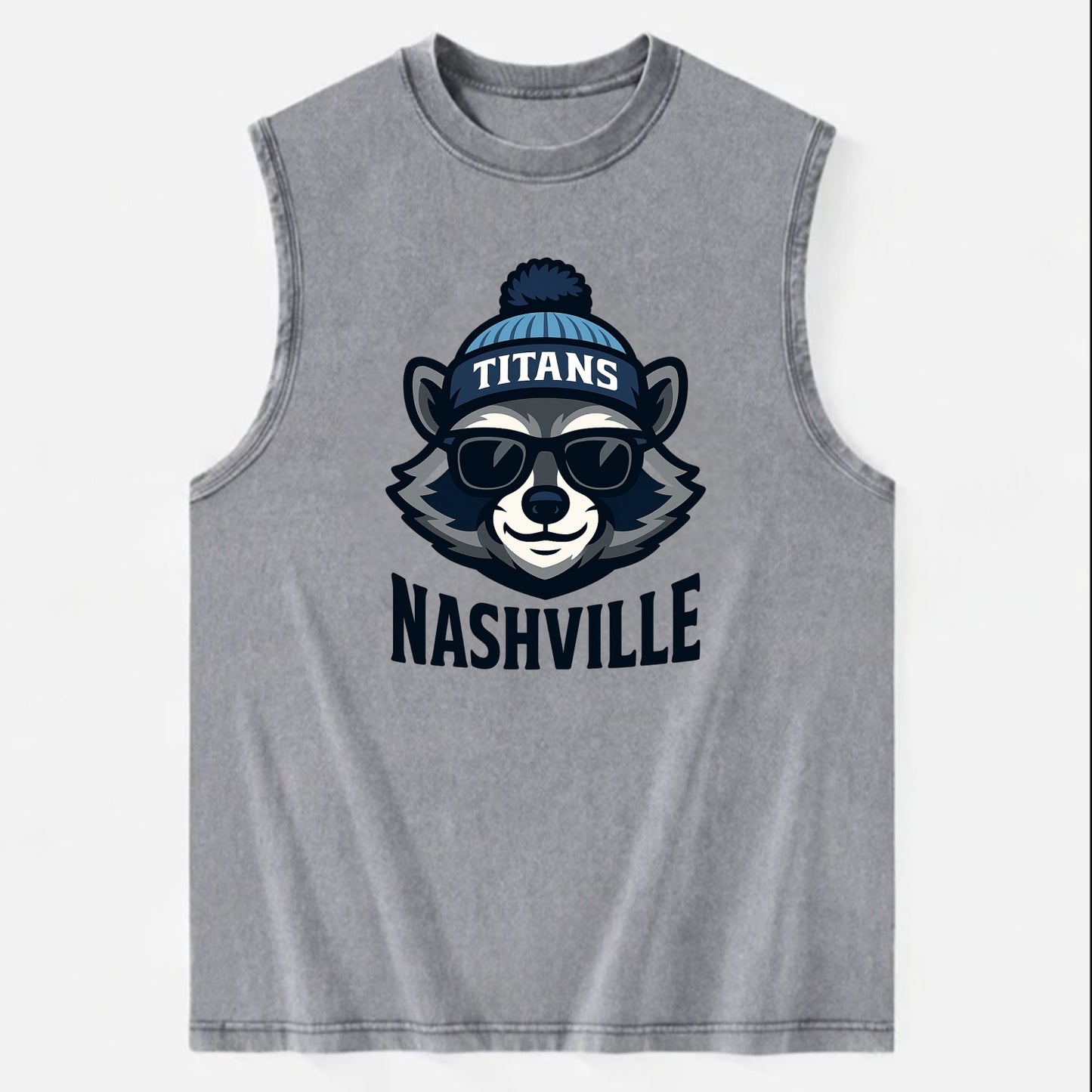 Nashville Raccoon wearing Titans navy and light blue beanie with pom pom and - Vintage Washed Tank - Grey