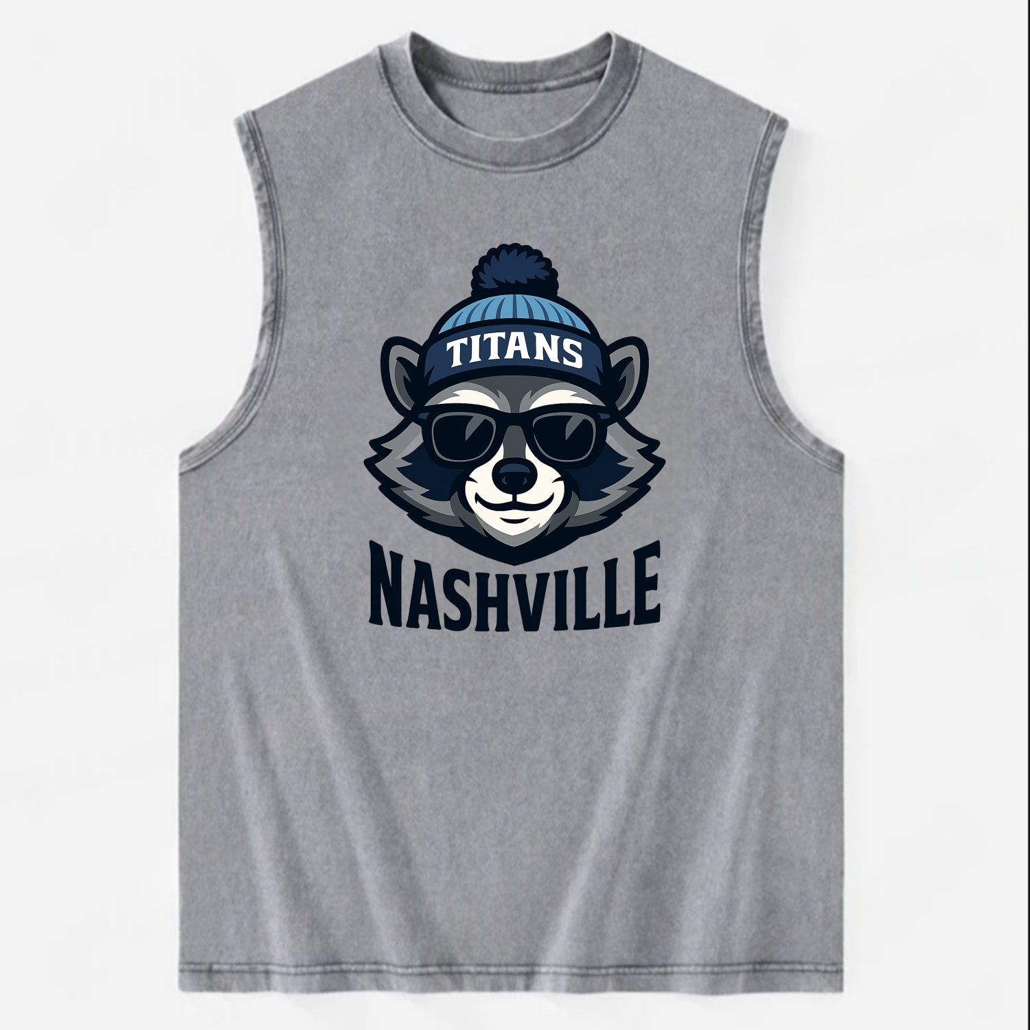 Nashville Raccoon wearing Titans navy and light blue beanie with pom pom and - Vintage Washed Tank - Grey