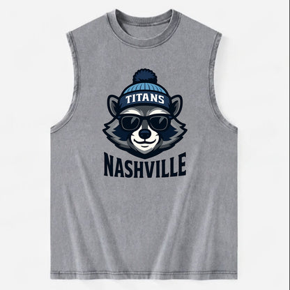 Nashville Raccoon wearing Titans navy and light blue beanie with pom pom and - Vintage Washed Tank - Grey