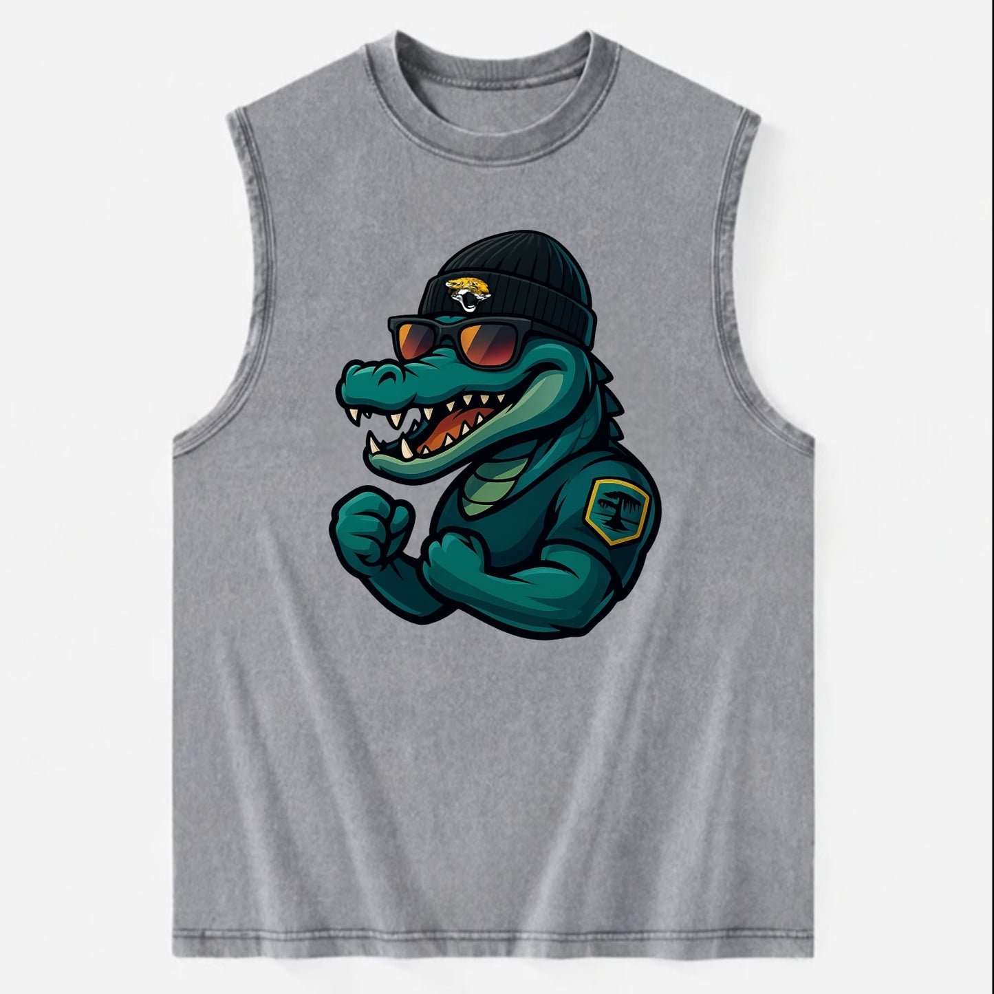 Jacksonville Alligator wearing Jaguars beanie with swamp patch and wayfarer - Vintage Washed Tank - Grey
