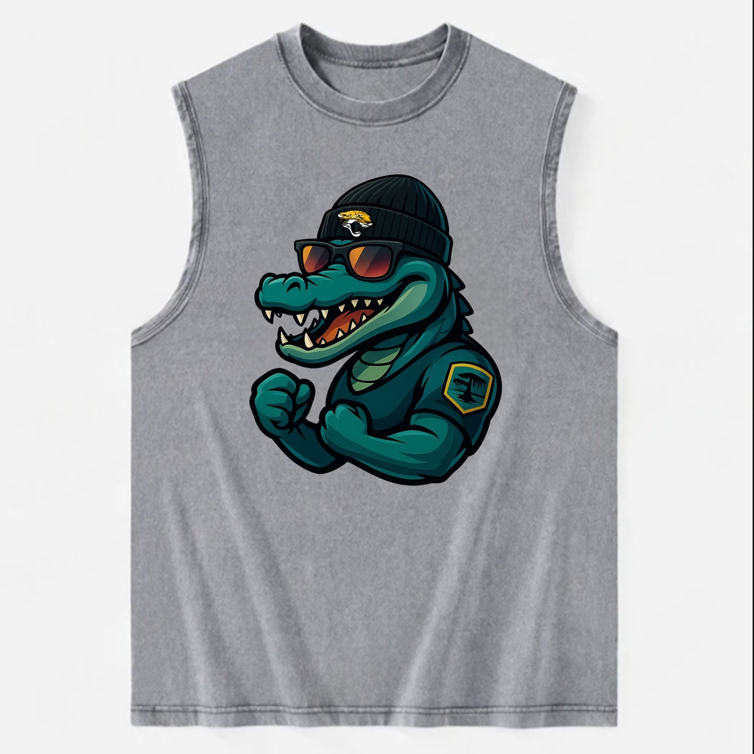 Jacksonville Alligator wearing Jaguars beanie with swamp patch and wayfarer - Vintage Washed Tank - Grey