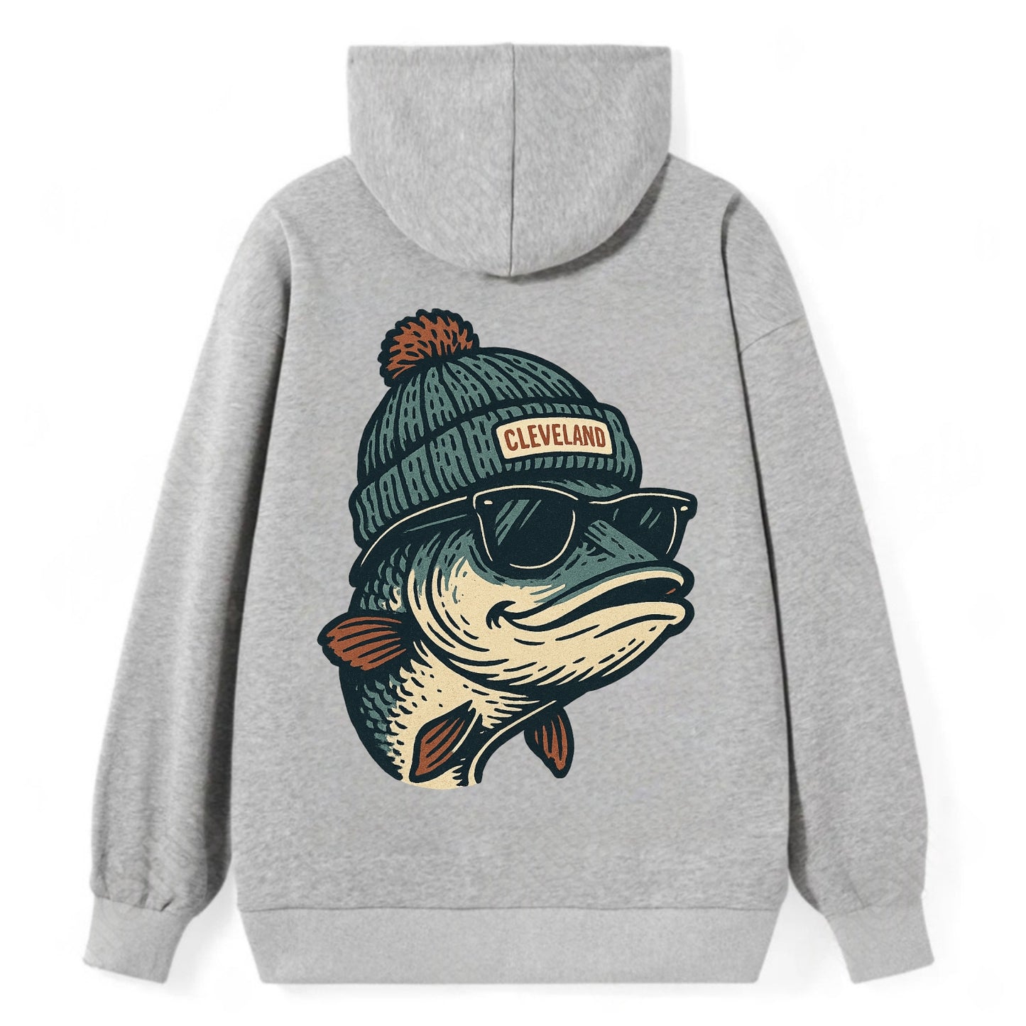 Cleveland Lake Erie Walleye wearing Cleveland beanie with pom pom and - Classic Pullover Hoodie - Grey