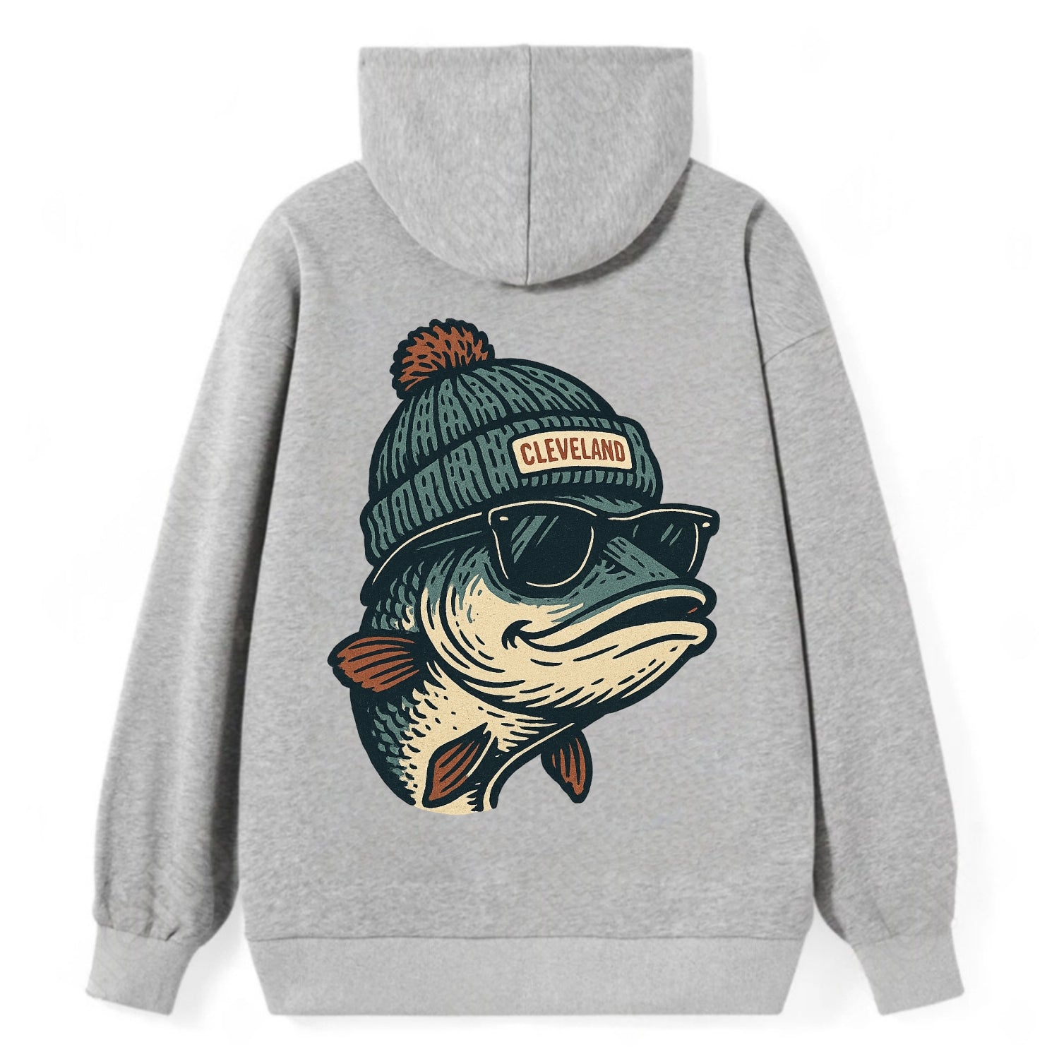 Cleveland Lake Erie Walleye wearing Cleveland beanie with pom pom and - Classic Pullover Hoodie - Grey