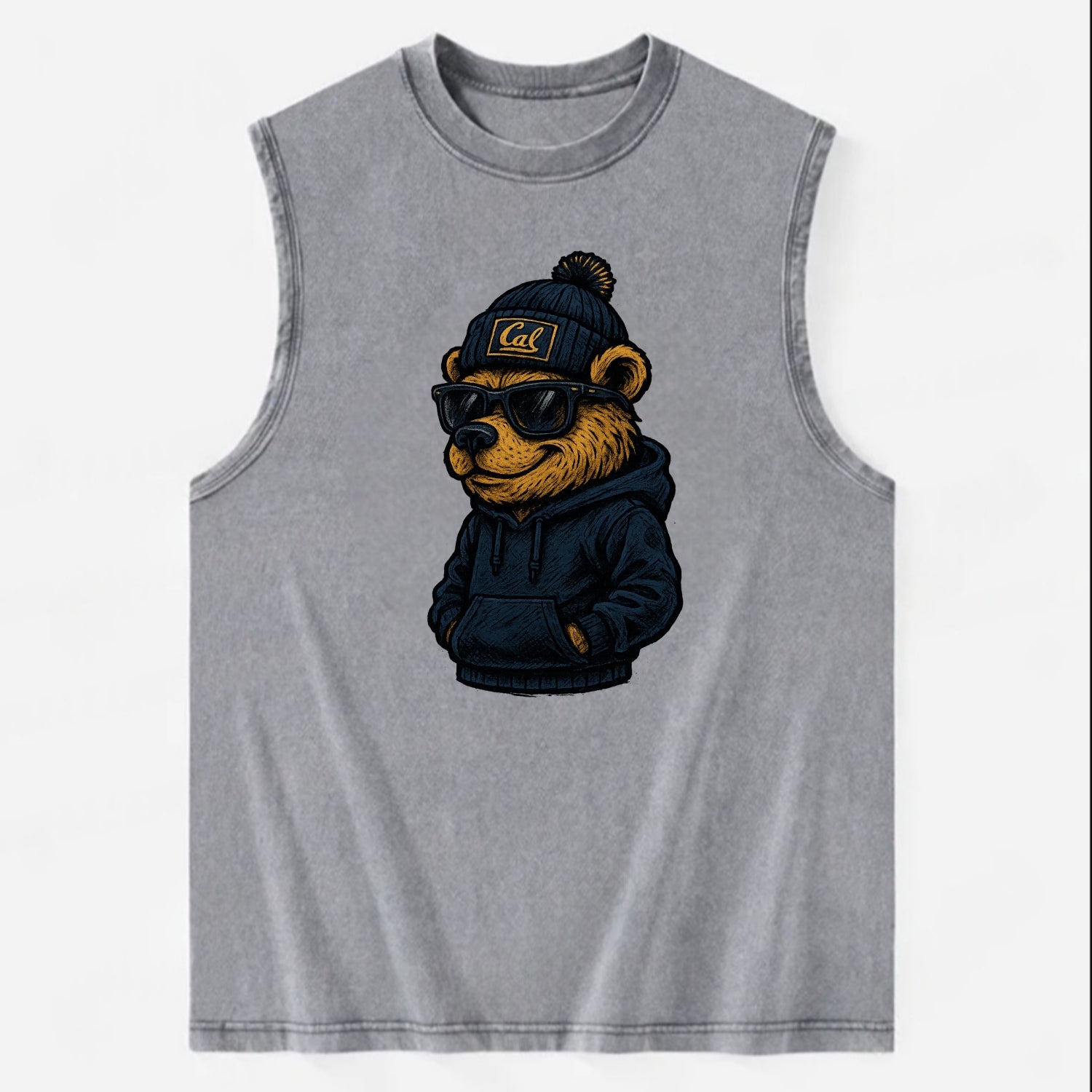 Berkeley Bear wearing Cal beanie with script patch - Vintage Washed Tank - Grey