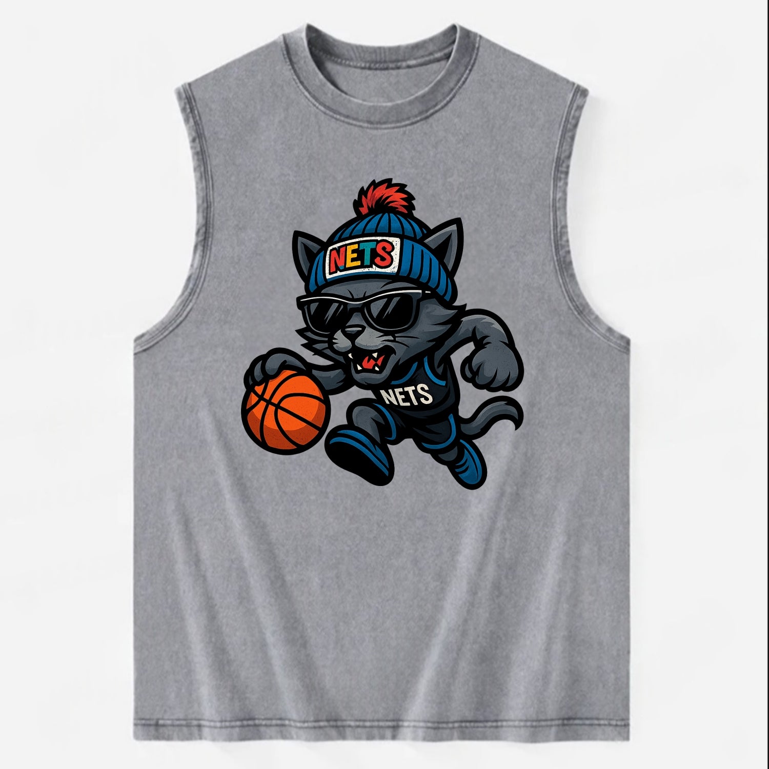 Brooklyn Cat wearing Nets beanie with street art patch and wayfarer sunglasses - Vintage Washed Tank - Grey