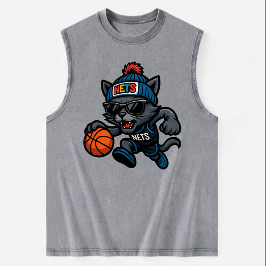Brooklyn Cat wearing Nets beanie with street art patch and wayfarer sunglasses - Vintage Washed Tank - Grey