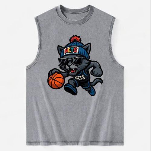 Brooklyn Cat wearing Nets beanie with street art patch and wayfarer sunglasses - Vintage Washed Tank