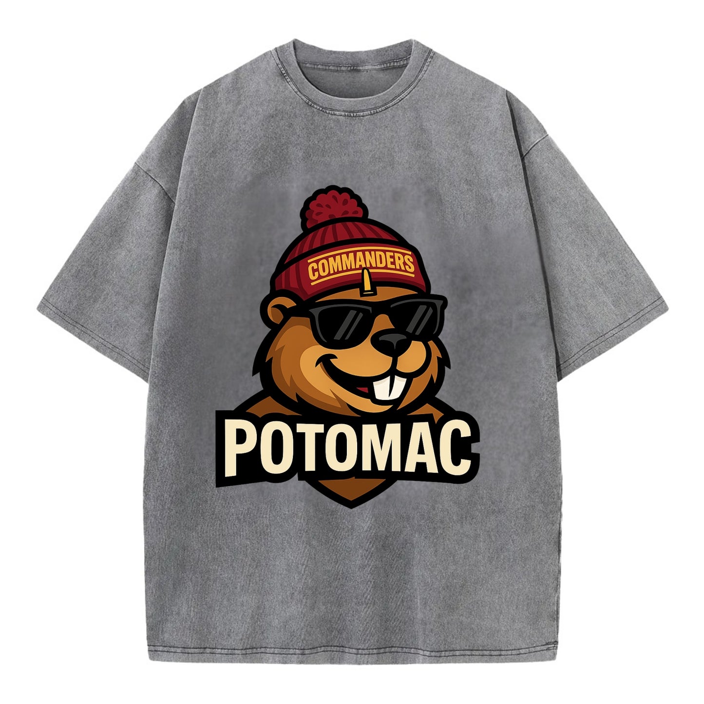 Potomac Beaver wearing Commanders beanie with monument patch and wayfarer - Vintage T-shirt - Grey