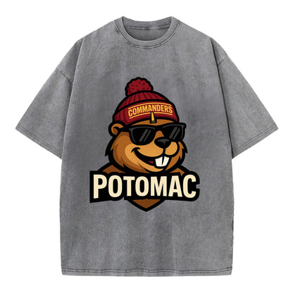 Potomac Beaver wearing Commanders beanie with monument patch and wayfarer - Vintage T-shirt - Grey