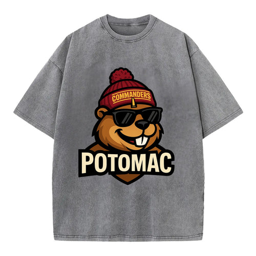 Potomac Beaver wearing Commanders beanie with monument patch and wayfarer - Vintage T-shirt