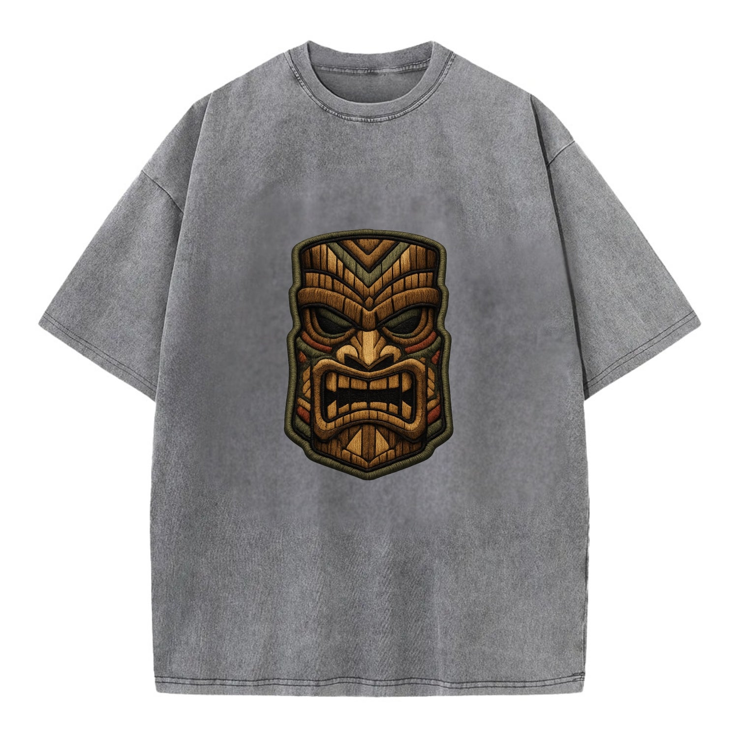 TIKI MASK - carved totem in brown and red , Polynesian - Vintage T-shirt - Grey