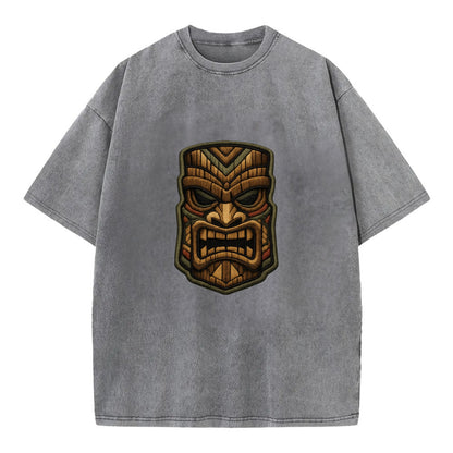 TIKI MASK - carved totem in brown and red , Polynesian - Vintage T-shirt - Grey