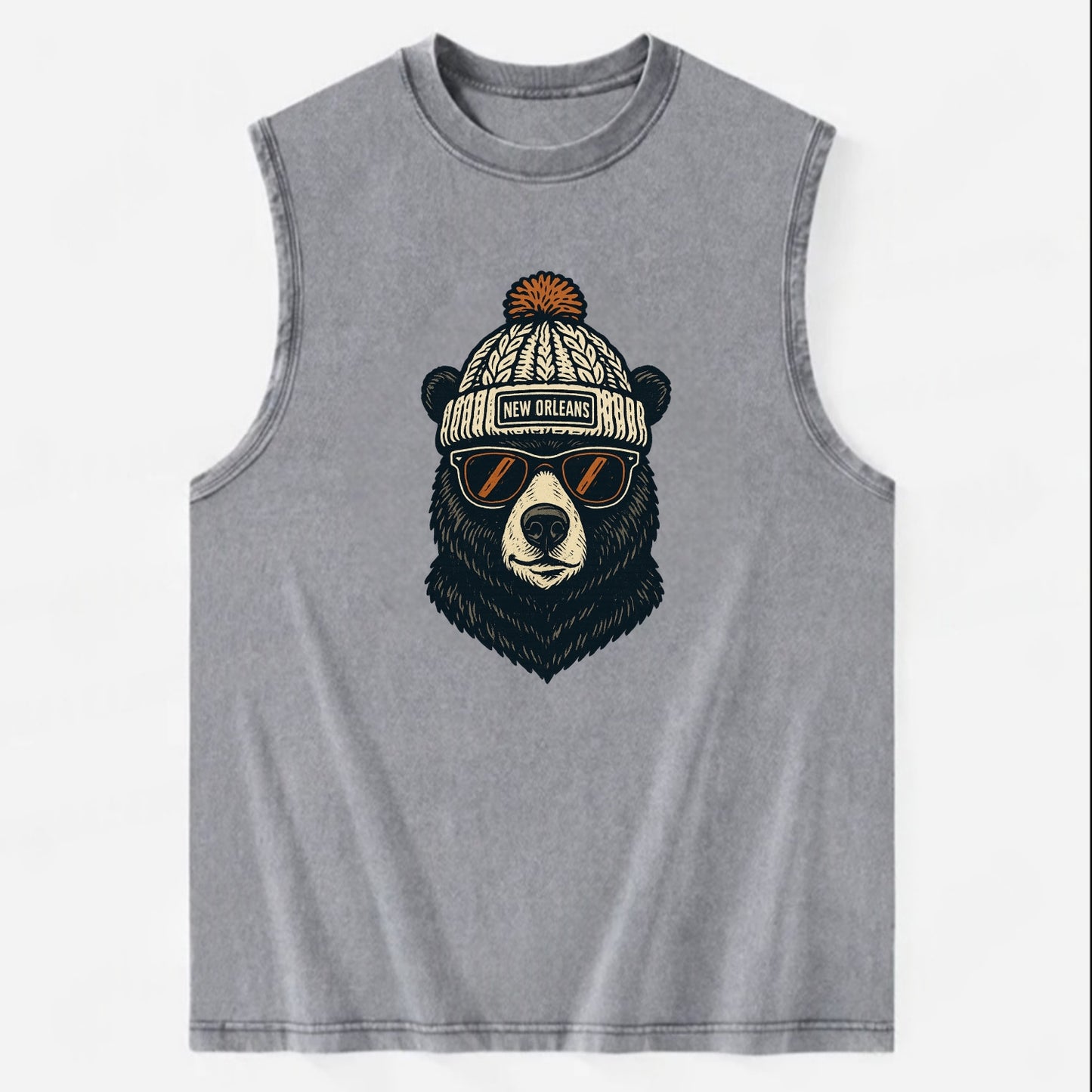 Louisiana Black Bear wearing New Orleans beanie with pom pom and wayfarer - Vintage Washed Tank - Grey