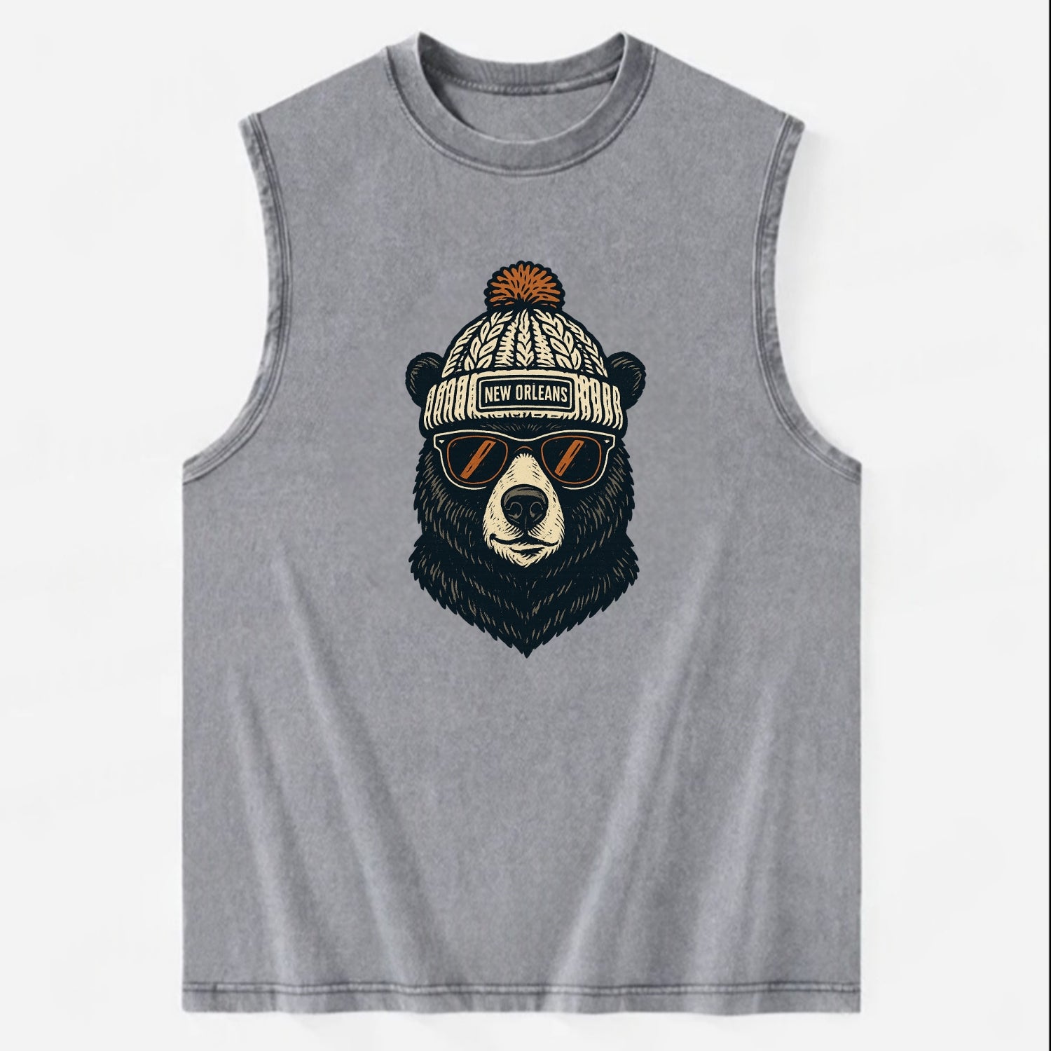 Louisiana Black Bear wearing New Orleans beanie with pom pom and wayfarer - Vintage Washed Tank - Grey