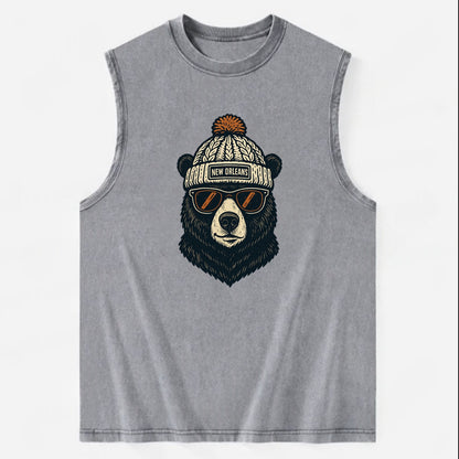 Louisiana Black Bear wearing New Orleans beanie with pom pom and wayfarer - Vintage Washed Tank - Grey
