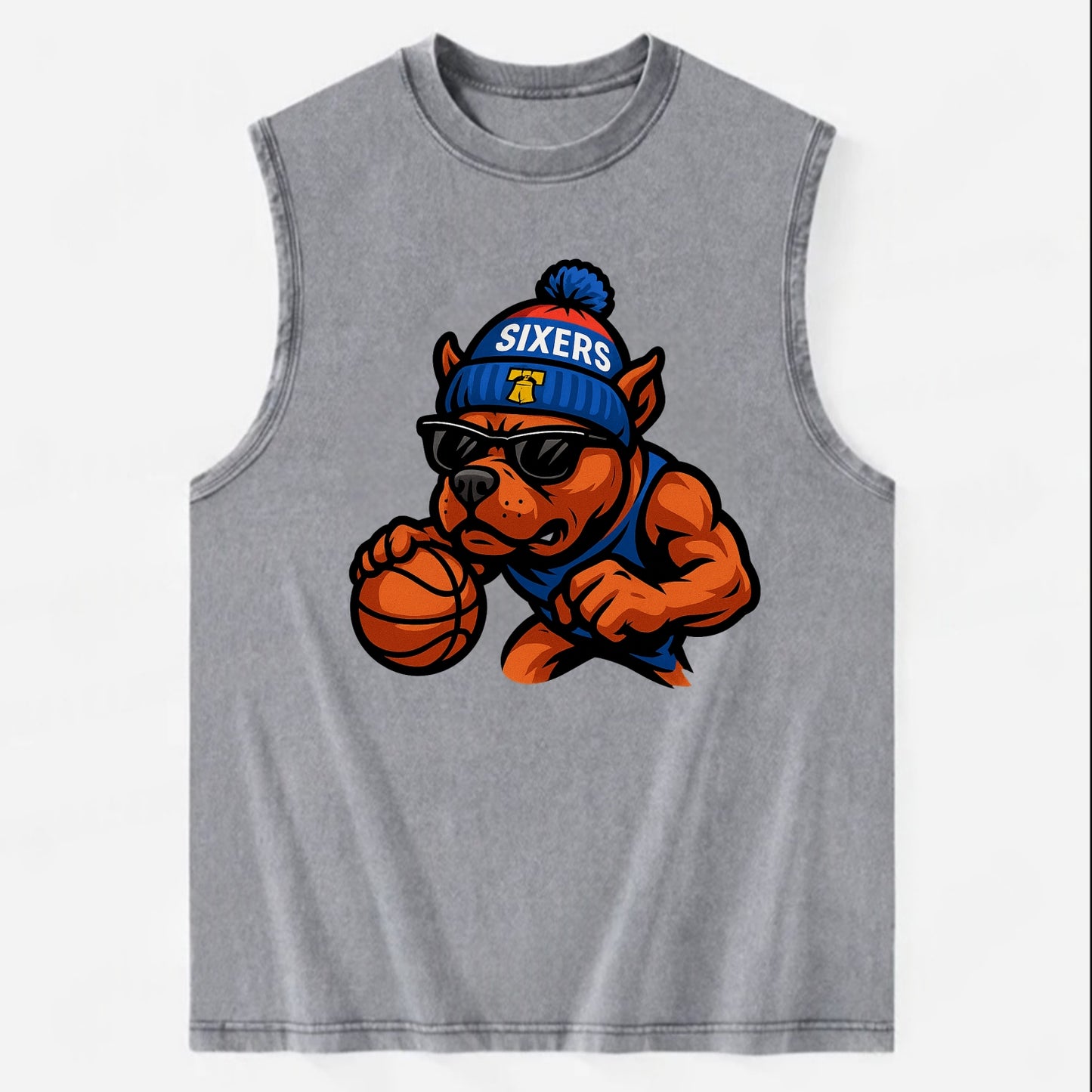 Philly Pitbull wearing Sixers beanie with Liberty Bell and wayfarer sunglasses - Vintage Washed Tank - Grey