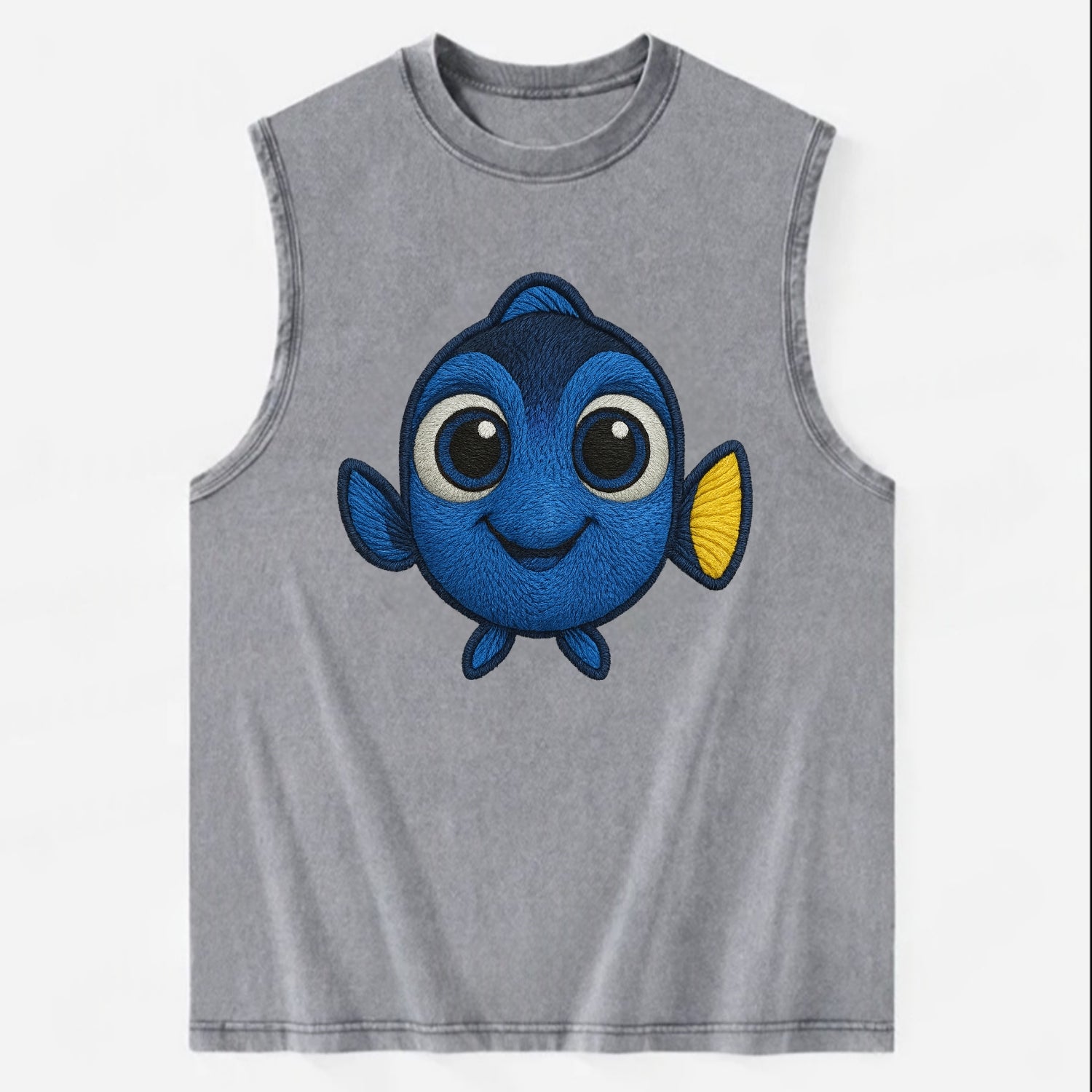 Baby Blue Tang - bright blue with yellow tail, big eyes, front-facing, - Vintage Washed Tank - Grey
