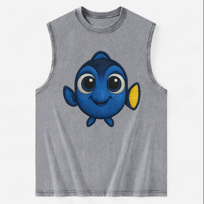 Baby Blue Tang - bright blue with yellow tail, big eyes, front-facing, - Vintage Washed Tank - Grey