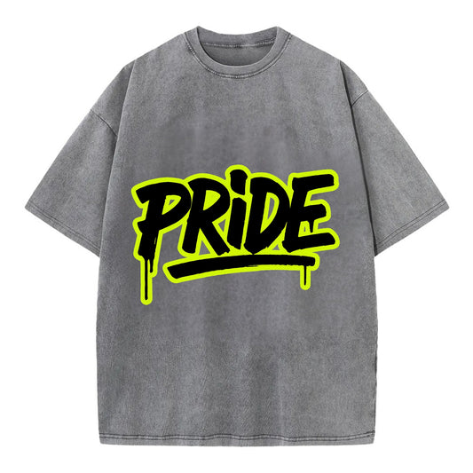 Bold typography design - "PRIDE" - dignified satisfaction, honor - Vintage T-shirt - Grey