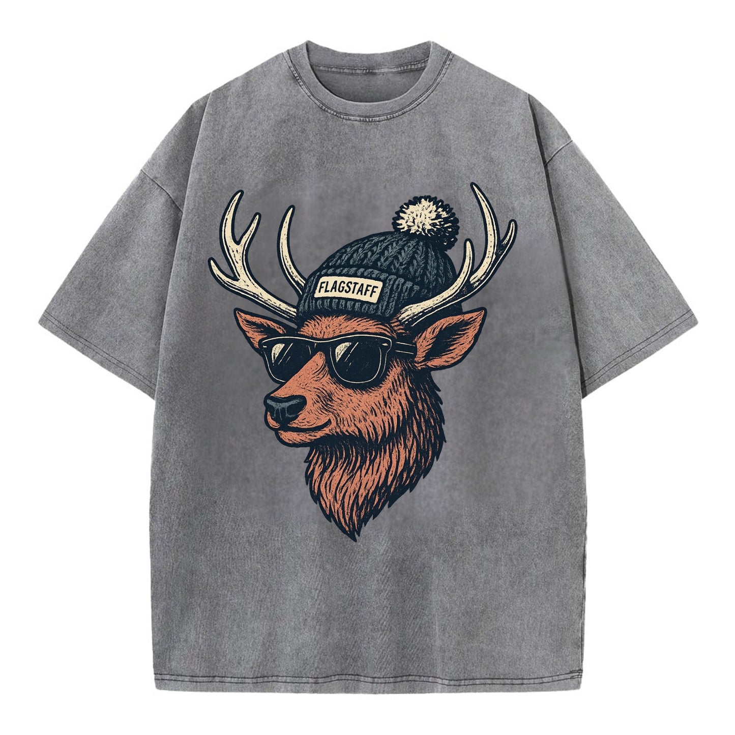 Flagstaff Elk wearing Flagstaff beanie with pom pom and wayfarer sunglasses - Vintage T-shirt - Grey