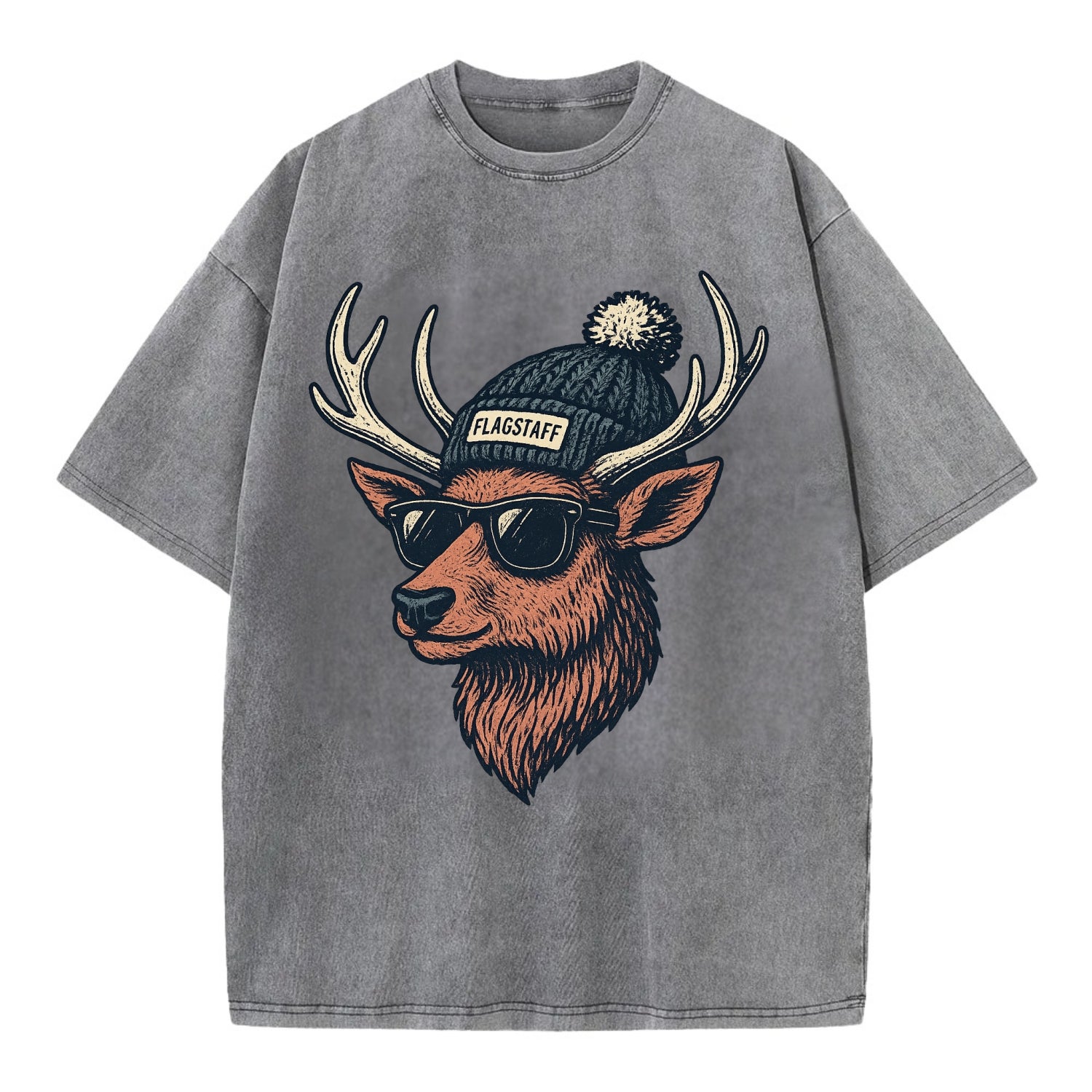 Flagstaff Elk wearing Flagstaff beanie with pom pom and wayfarer sunglasses - Vintage T-shirt - Grey