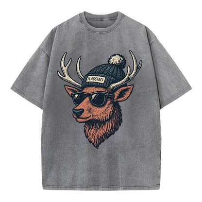 Flagstaff Elk wearing Flagstaff beanie with pom pom and wayfarer sunglasses - Vintage T-shirt - Grey