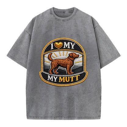 I LOVE MY MUTT - mixed breed silhouette in brown , rescue pride - Vintage T-shirt - Grey