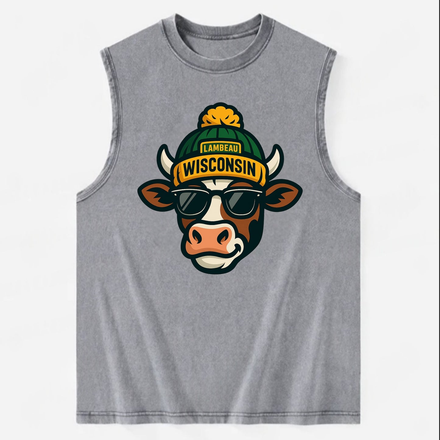 Wisconsin Cow wearing Packers beanie with Lambeau patch and wayfarer - Vintage Washed Tank - Grey