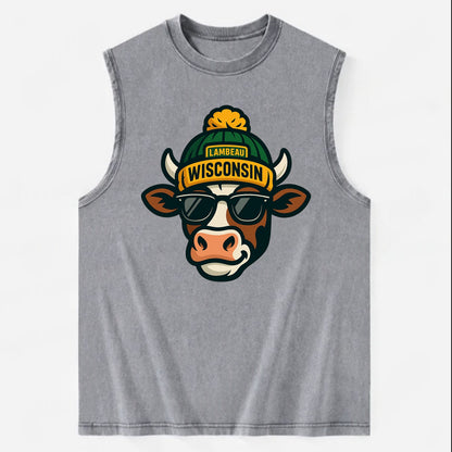 Wisconsin Cow wearing Packers beanie with Lambeau patch and wayfarer - Vintage Washed Tank - Grey