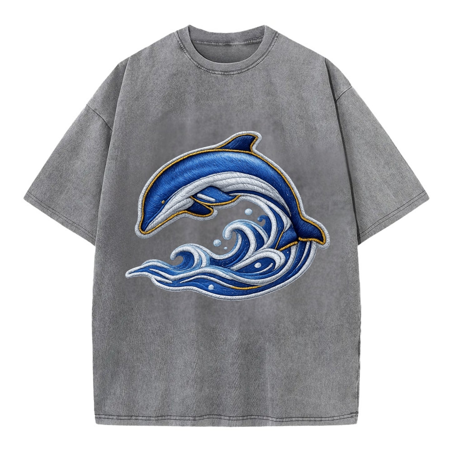 Embroidered patch design - SWIMMING DOLPHIN - diving dolphin with waves in blue - Vintage T-shirt - Grey