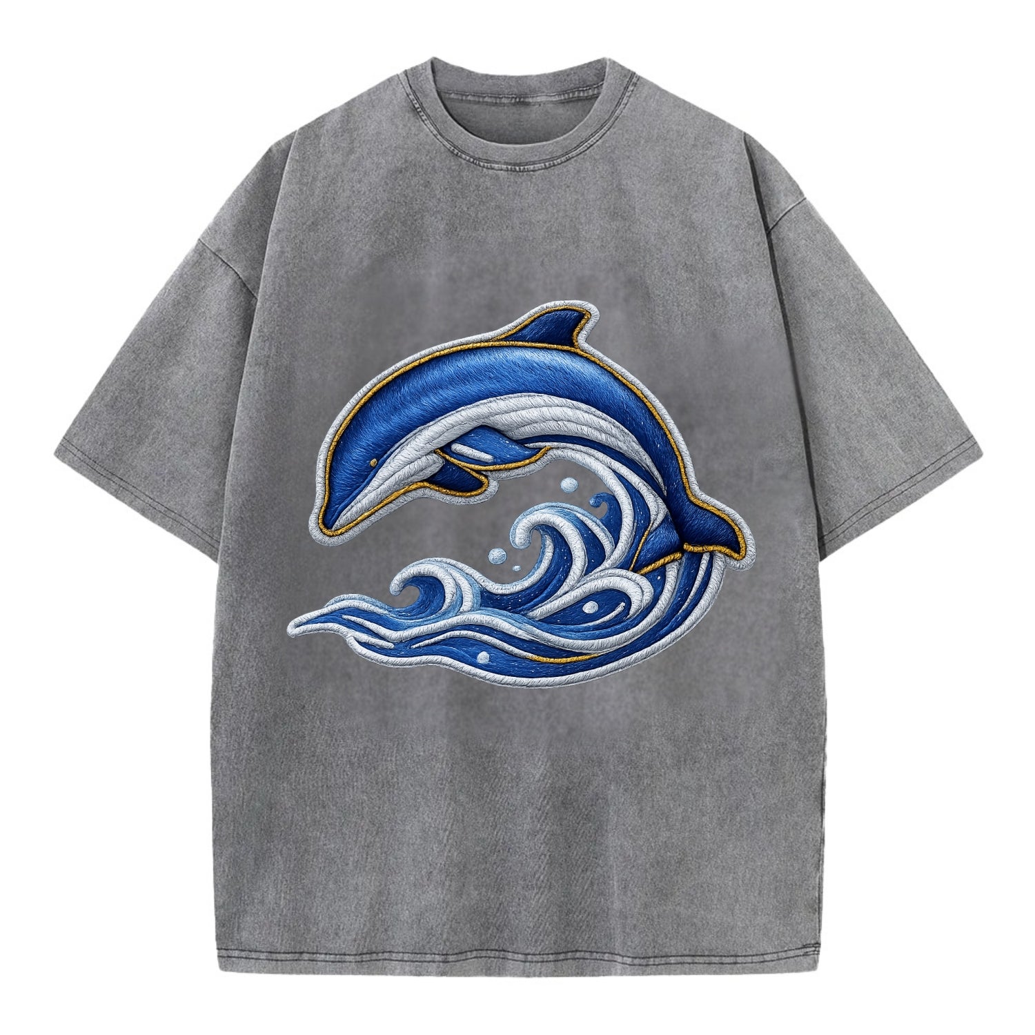Embroidered patch design - SWIMMING DOLPHIN - diving dolphin with waves in blue - Vintage T-shirt - Grey