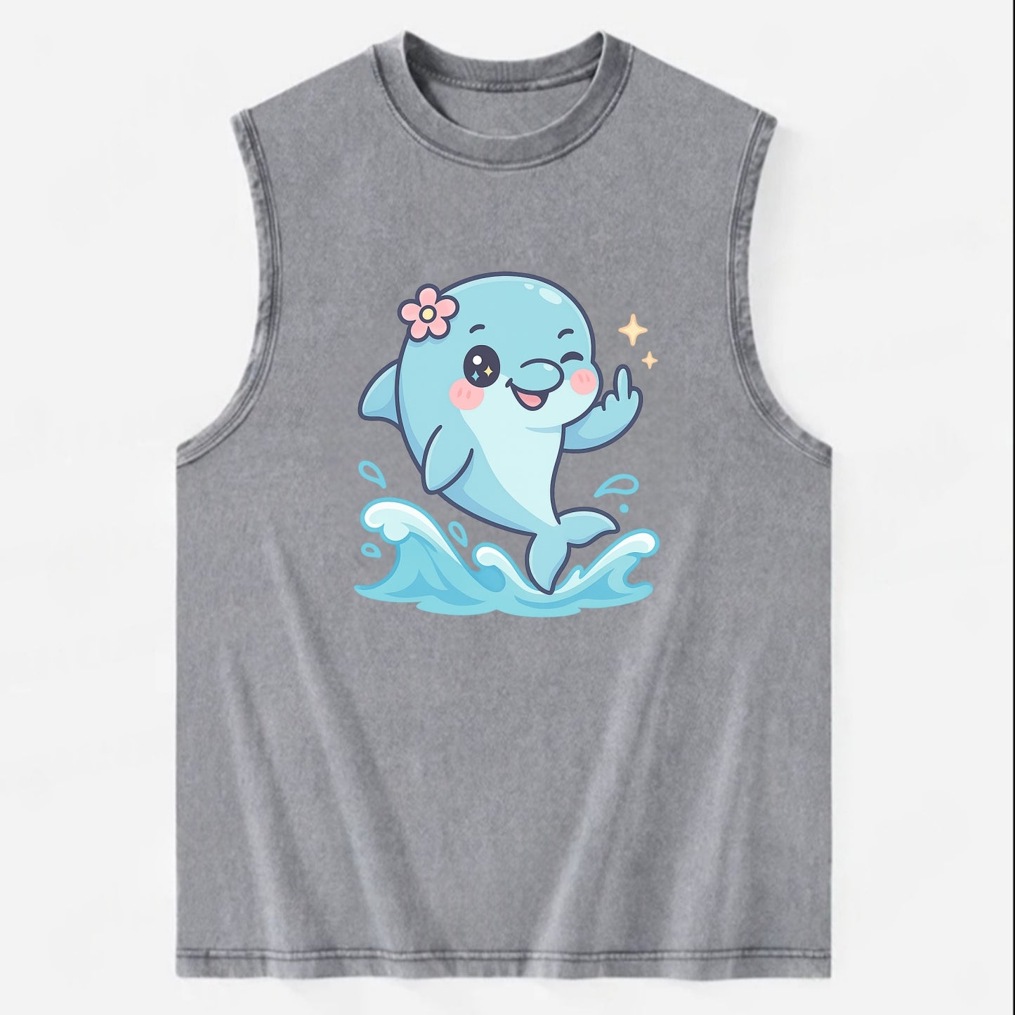 smiling dolphin jumping through ocean waves, one fin up with attitude - Vintage Washed Tank - Grey