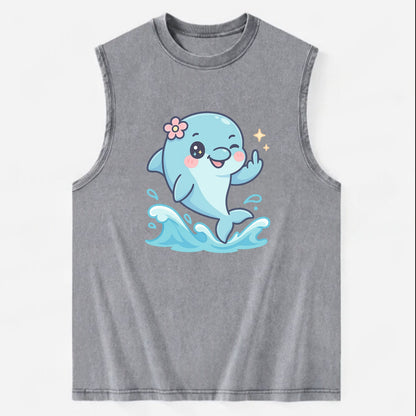 smiling dolphin jumping through ocean waves, one fin up with attitude - Vintage Washed Tank - Grey