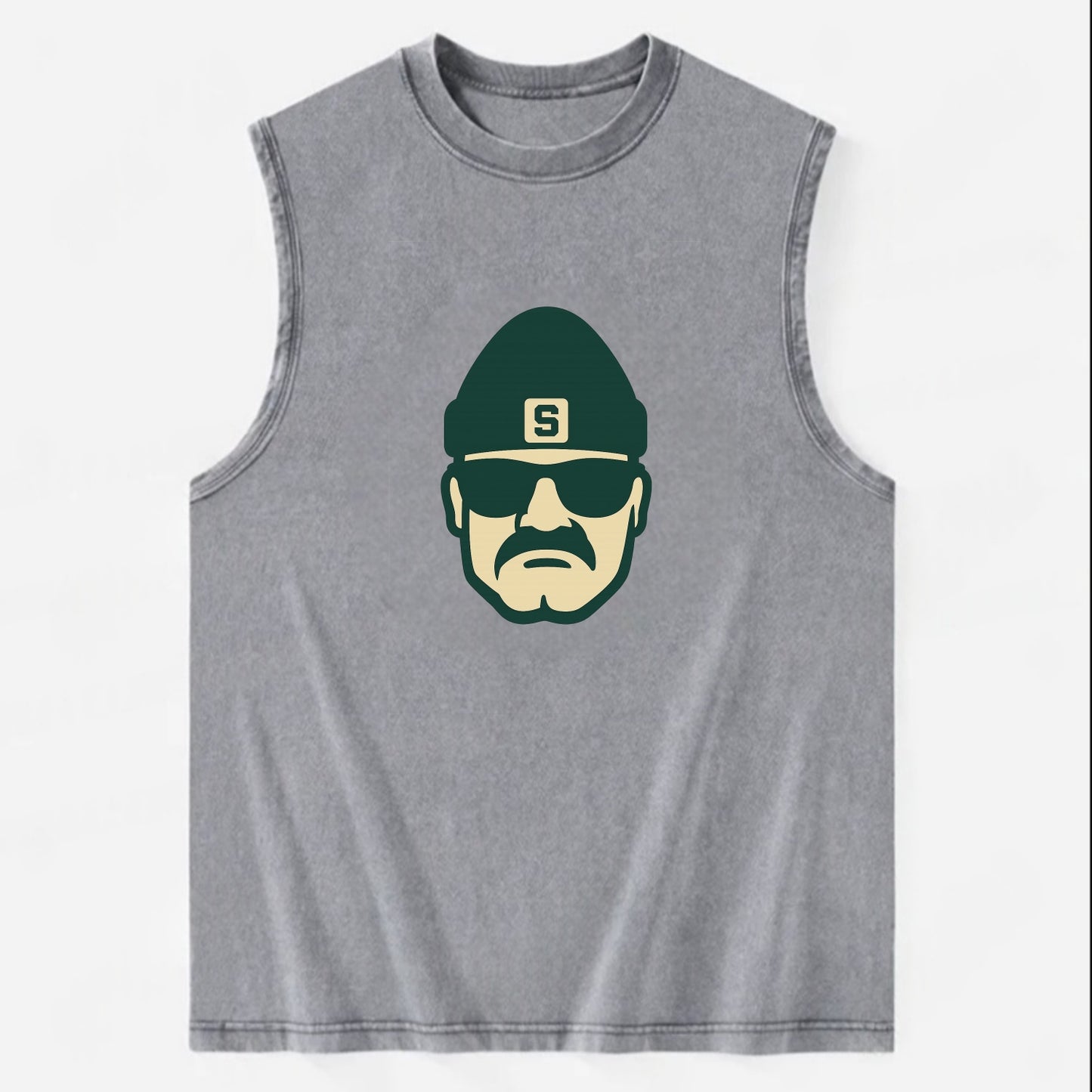 East Lansing Spartan wearing Michigan State beanie with S patch - Vintage Washed Tank - Grey