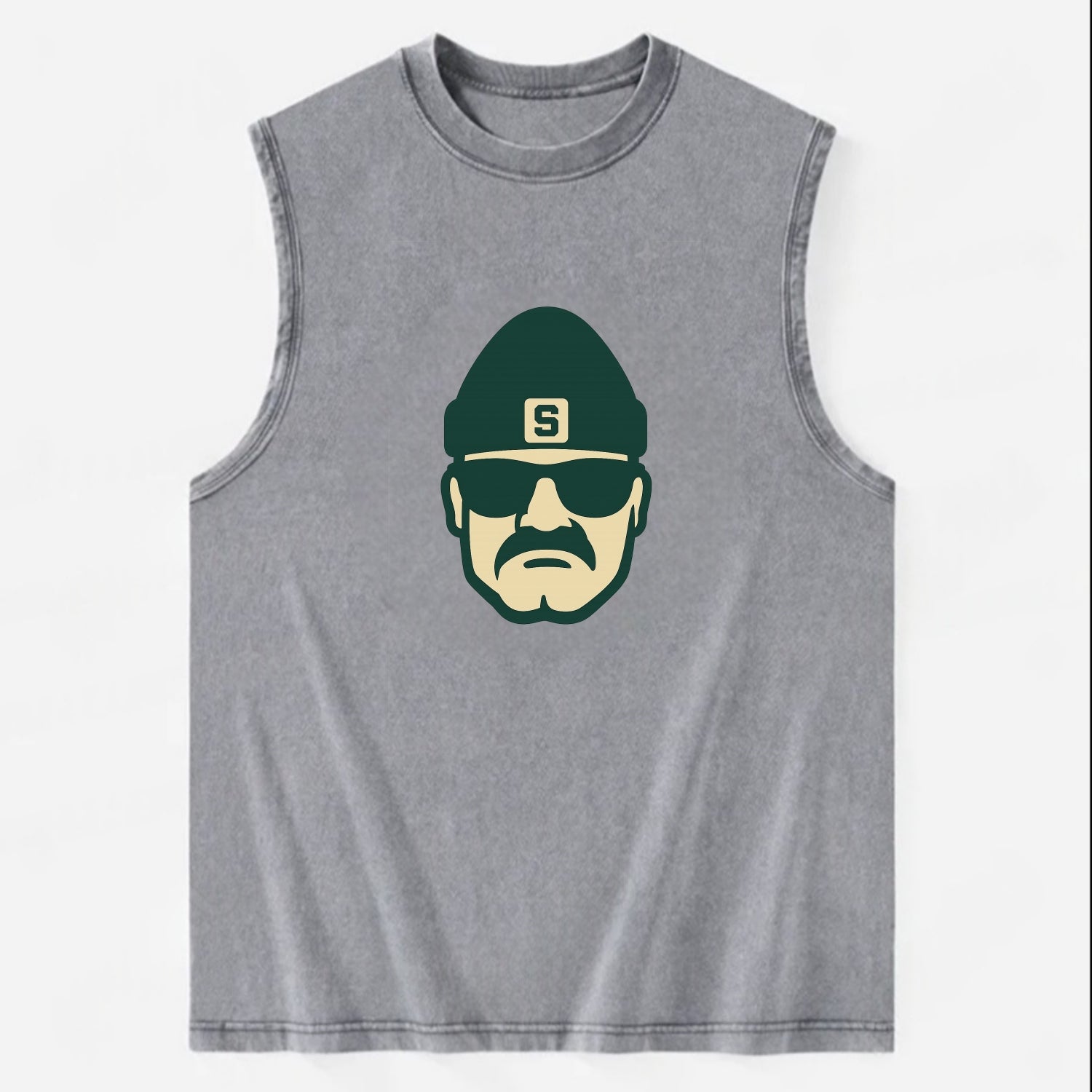 East Lansing Spartan wearing Michigan State beanie with S patch - Vintage Washed Tank - Grey