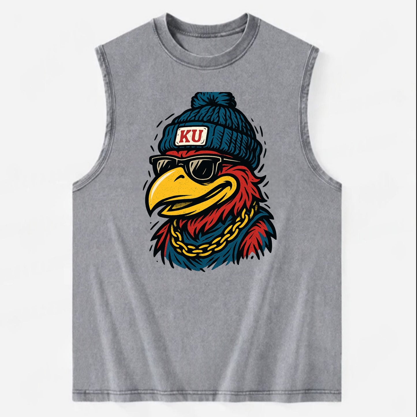 Lawrence Jayhawk wearing Kansas beanie with KU patch - Vintage Washed Tank - Grey
