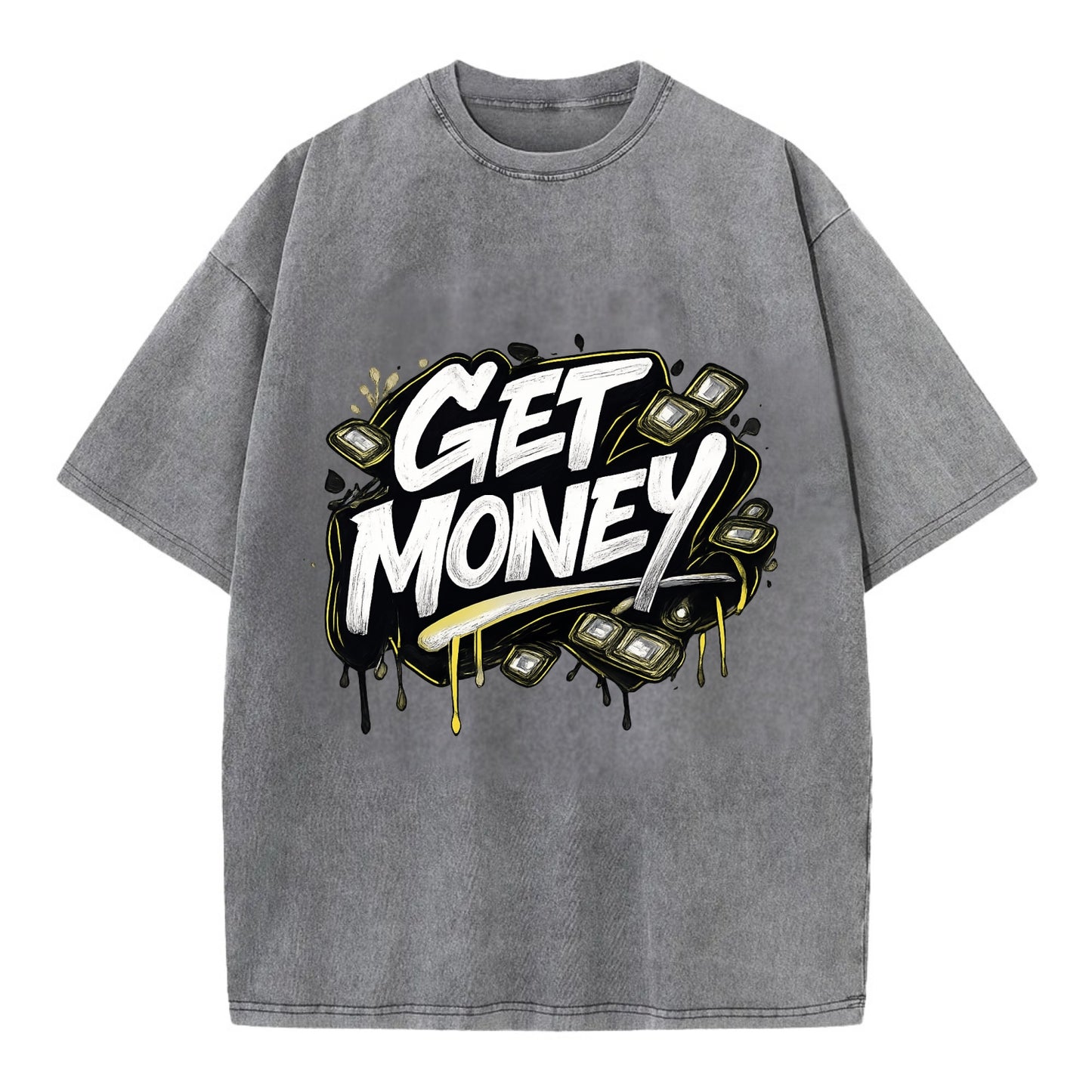 Bold typography design - "GET MONEY" - pursuit of wealth, earning - Vintage T-shirt - Grey