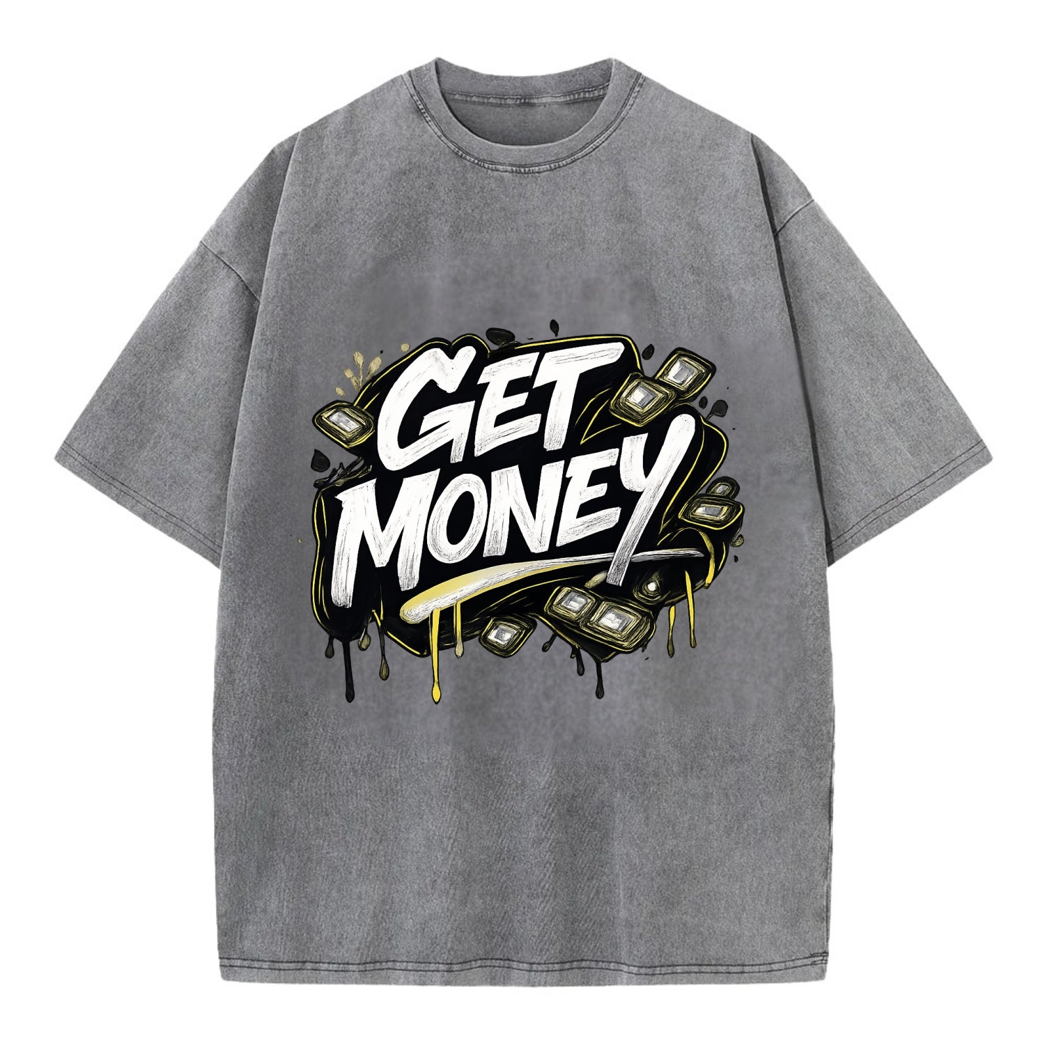 Bold typography design - "GET MONEY" - pursuit of wealth, earning - Vintage T-shirt - Grey