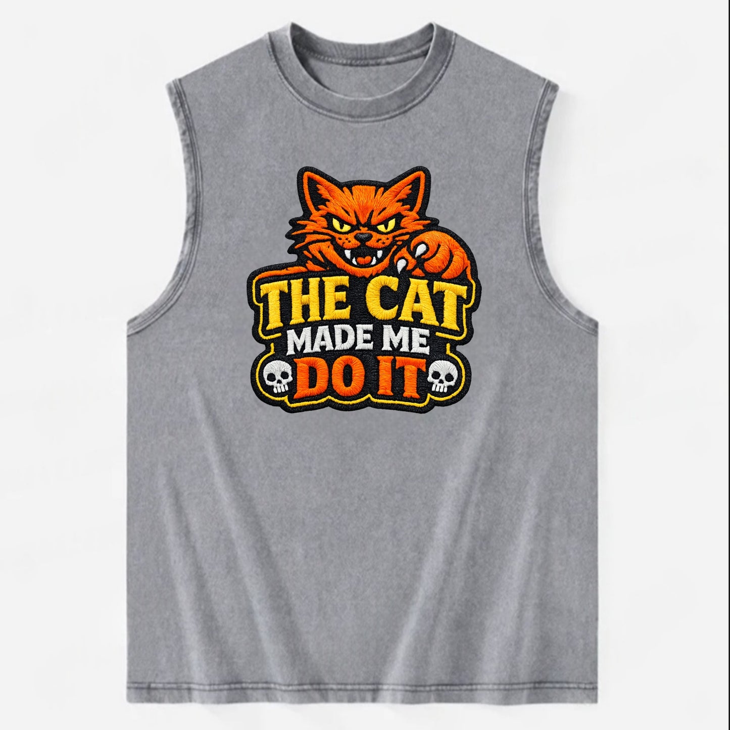 THE CAT MADE ME DO IT - mischievous cat in orange , blame the cat - Vintage Washed Tank - Grey