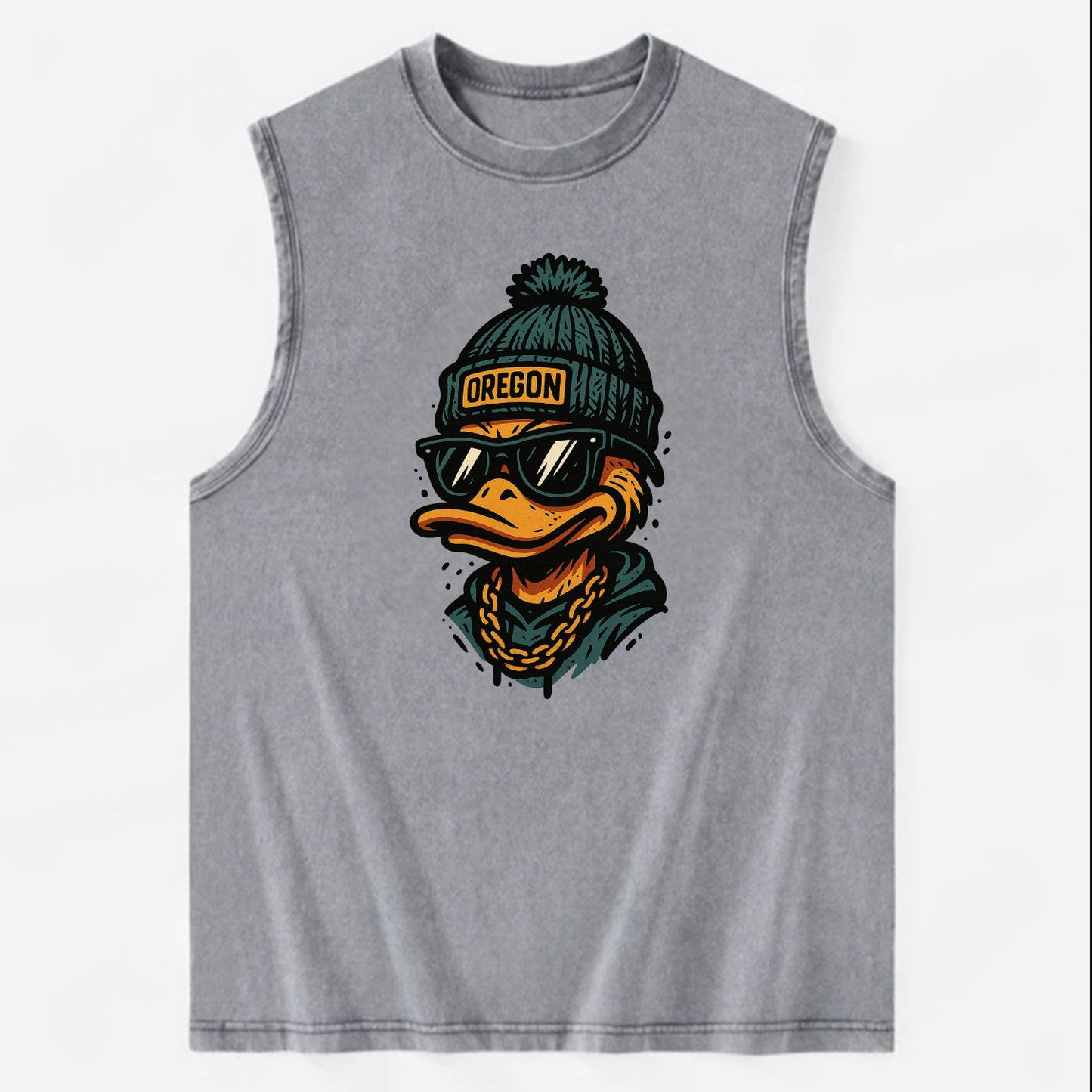 Eugene Duck wearing Oregon beanie with p - Vintage Washed Tank - Grey