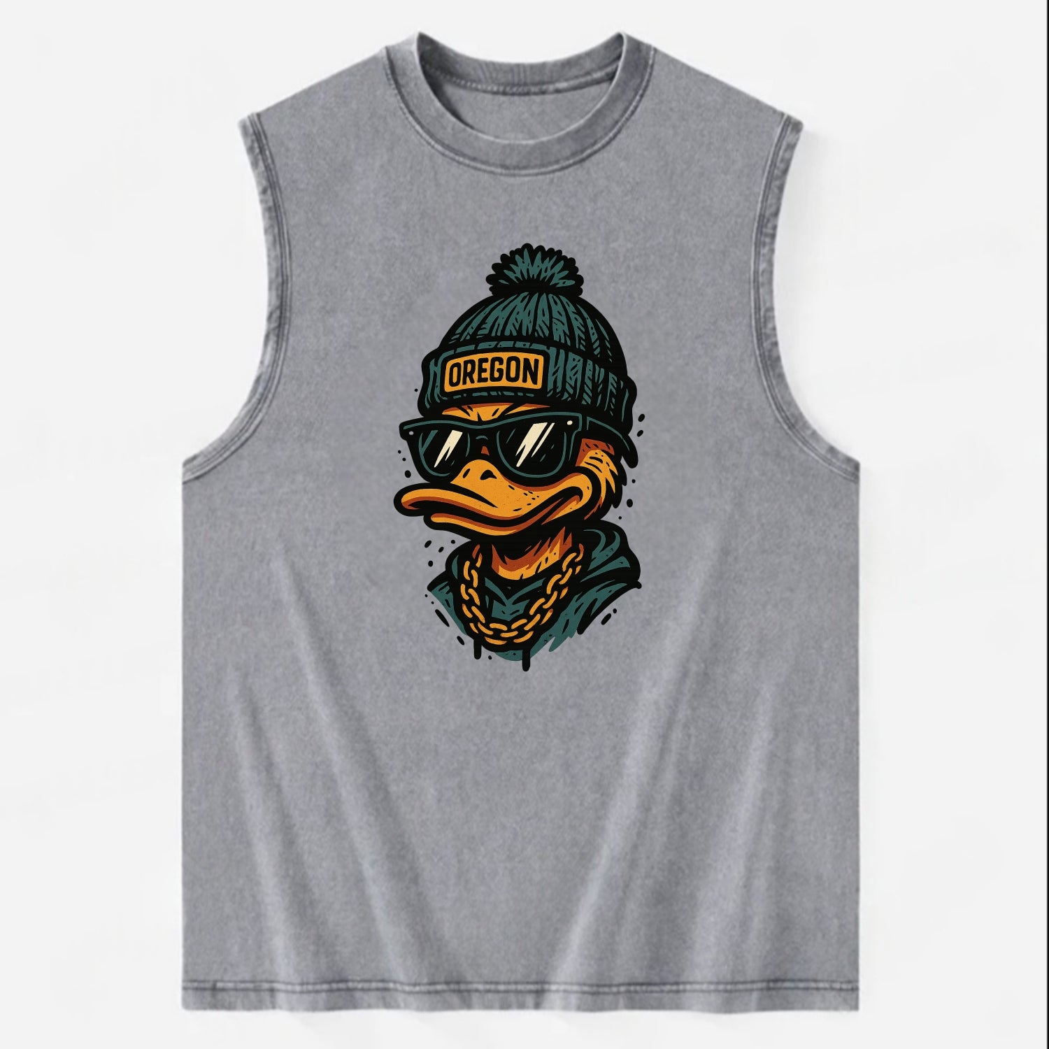Eugene Duck wearing Oregon beanie with p - Vintage Washed Tank - Grey
