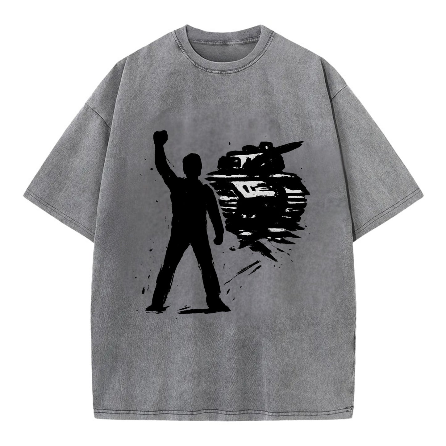 Single figure standing against tank - courage and resistance ink art - Vintage T-shirt - Grey
